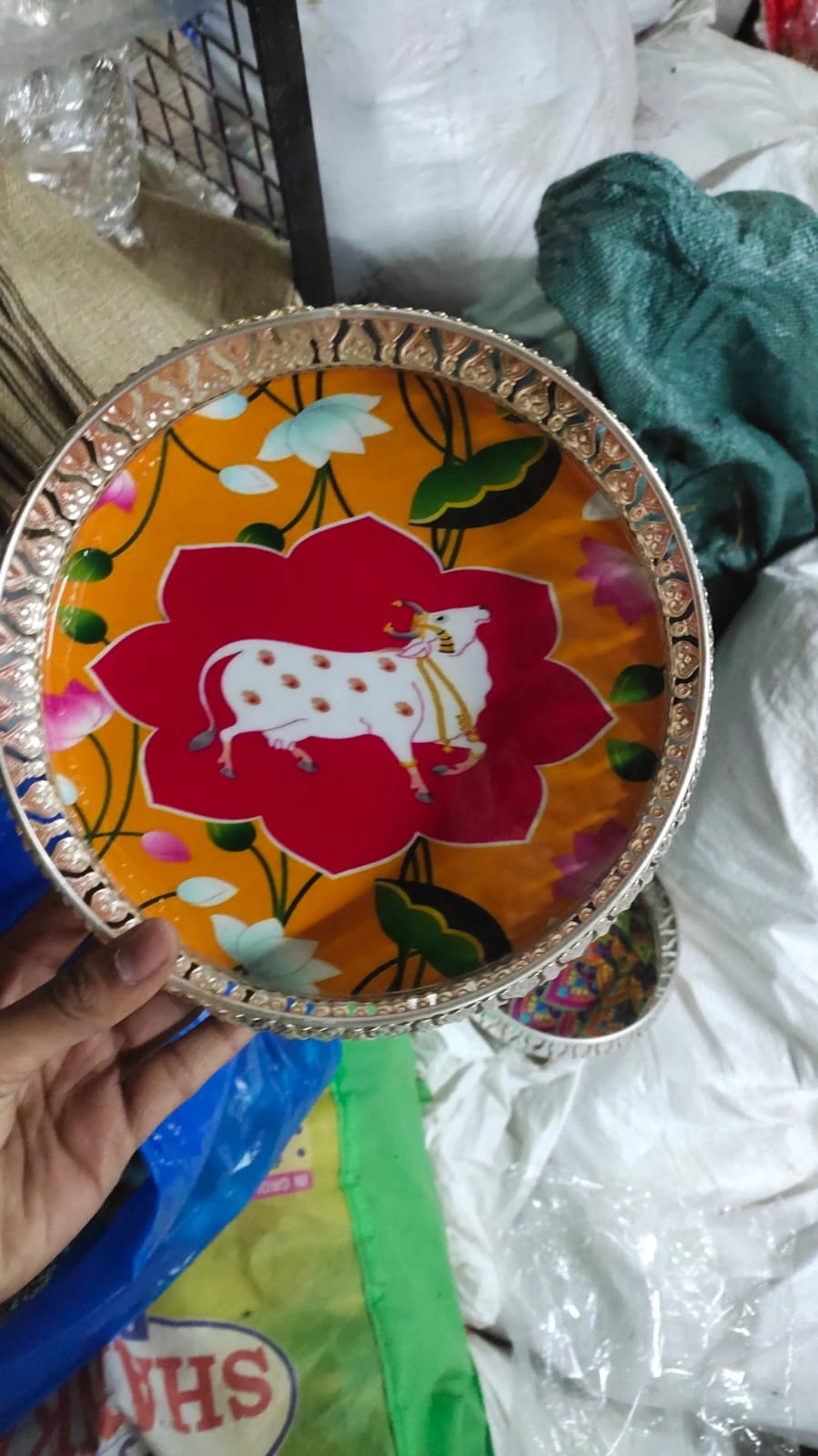 8 inch German silver Pichwai lotus design basket for wedding and festive gifting