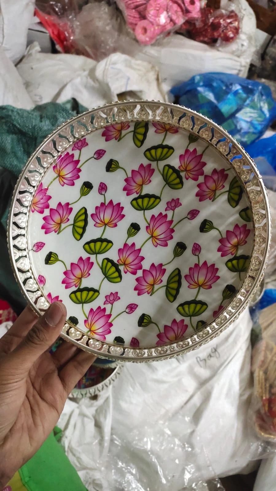 Pichwai lotus design 8 inch decorative gift basket for festive and wedding hampers