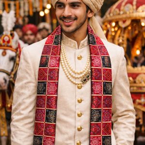 Rajasthani Bandhej phatka with pearl latkan for groom wedding look