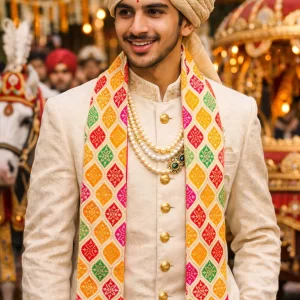 Traditional Bandhani phatka in bright multicolor design for groom