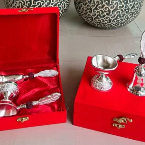 Premium German silver rudraksh bell and diya set in red velvet gift box for pooja