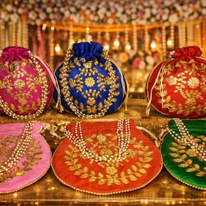 Traditional Gota Patti Potli Bag with Pearl Handle for Wedding Return Gifts