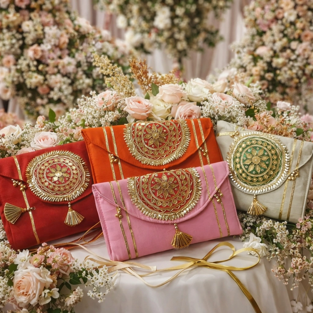 Designer silk cash envelope with heavy zari embroidery for wedding gifting