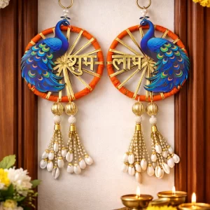 Decorative Shubh Labh peacock design for Diwali entrance