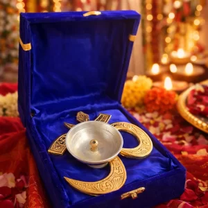 Brass Om diya in blue velvet box for gifting