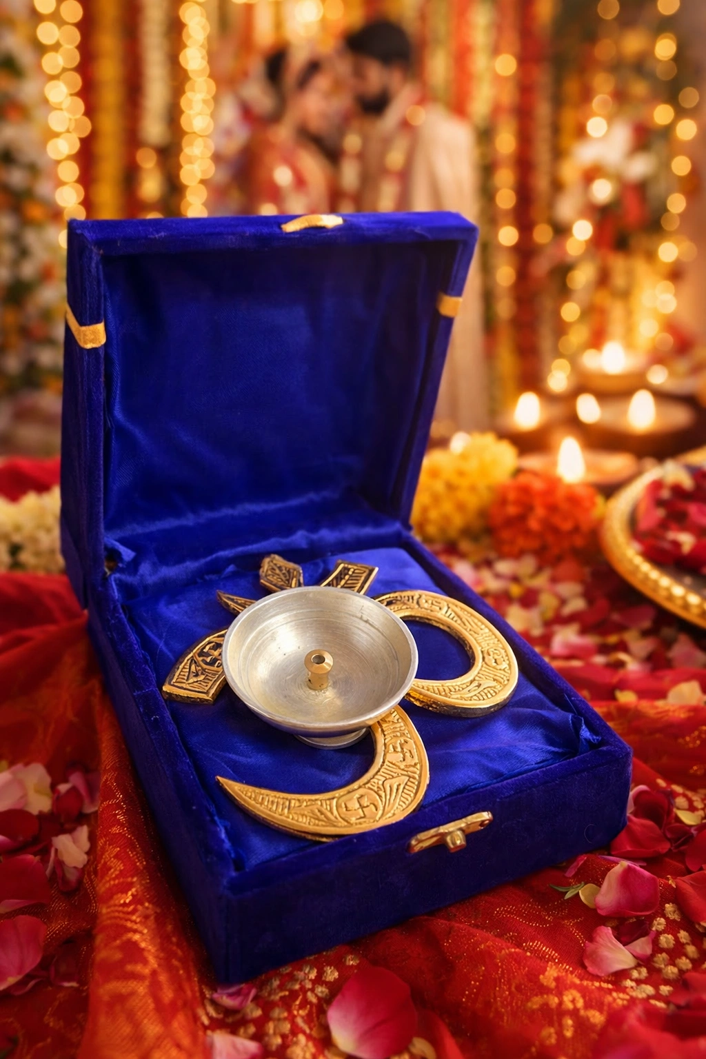 Brass Om diya in blue velvet box for gifting