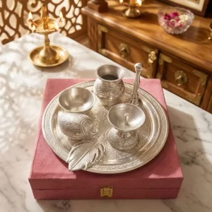 German silver plated pooja thali set with kalash diya bell and chopda in velvet box