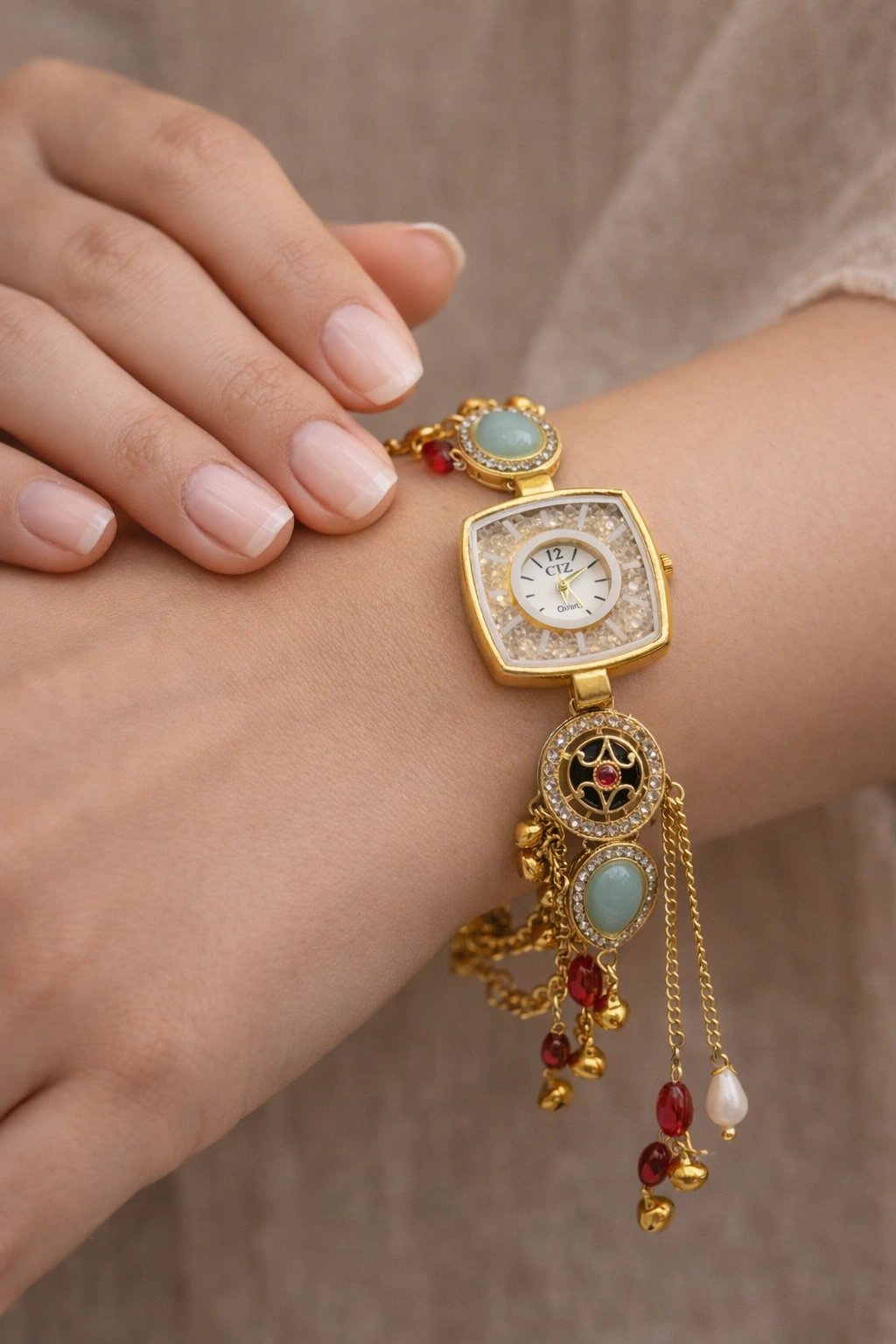 Traditional Kashmiri Bracelet Watch – Stylish Pastel Stone Jewelry Watch - Image 4