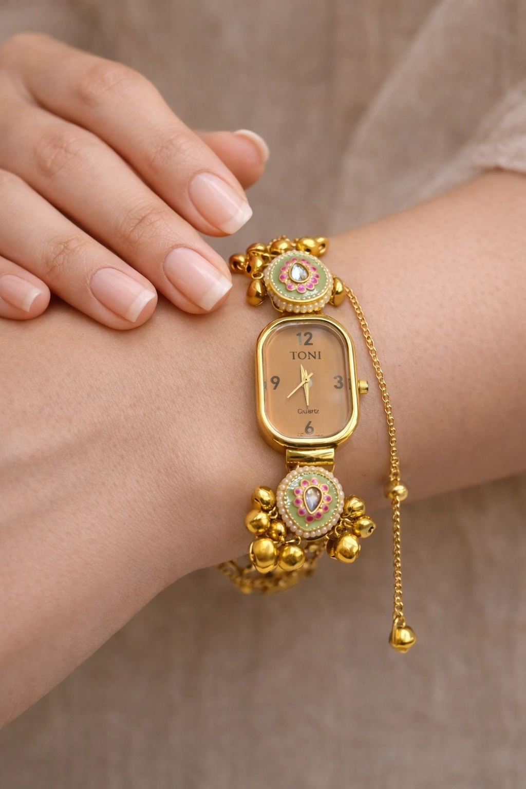 Luxury Kashmiri bracelet watch with pastel stone work for women