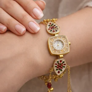 Stylish Kashmiri bracelet watch with traditional meenakari design and pearl tassel for women