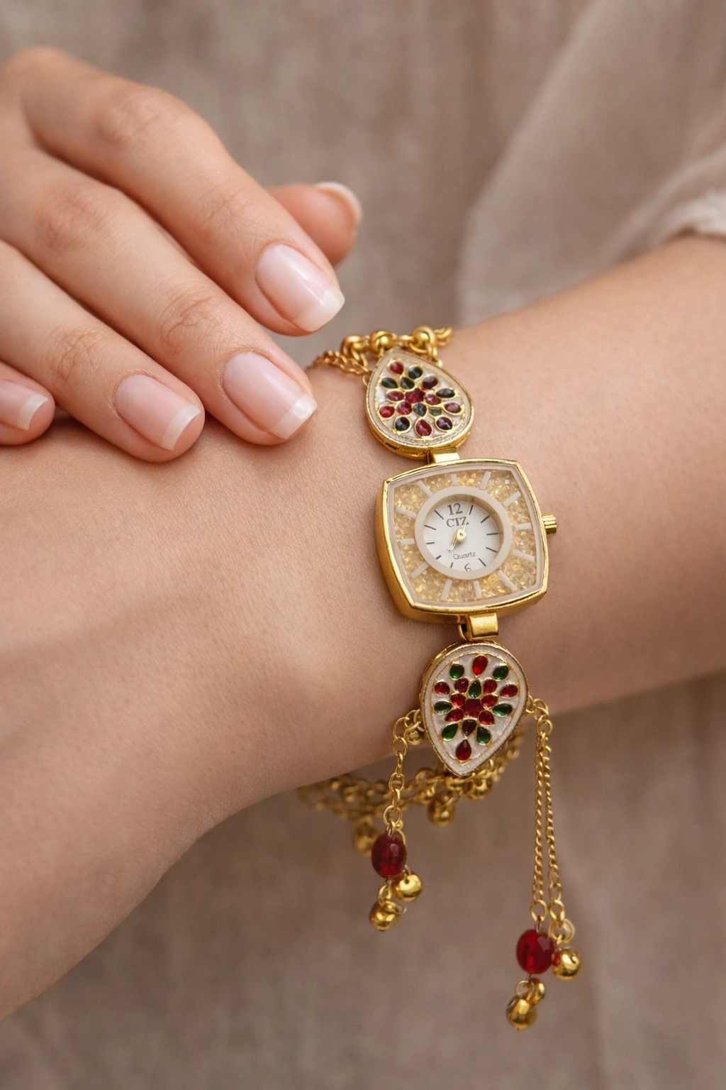 Stylish Kashmiri bracelet watch with traditional meenakari design and pearl tassel for women