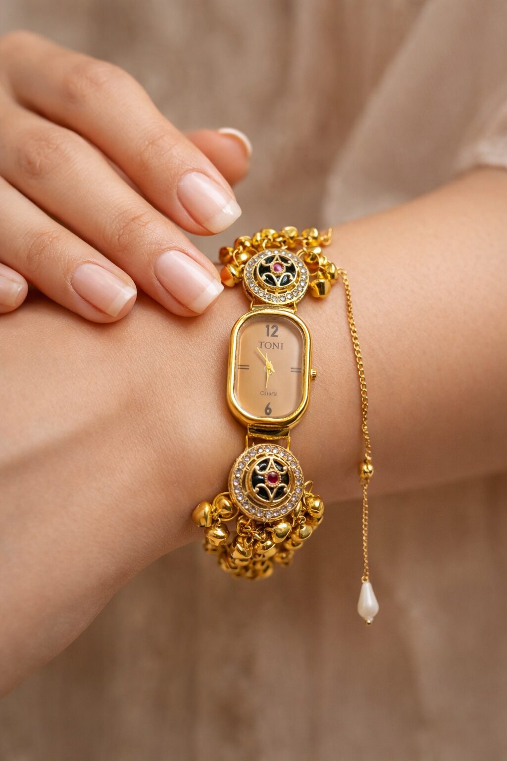 Ethnic golden watch bracelet with decorative stones and ghungroo design for women