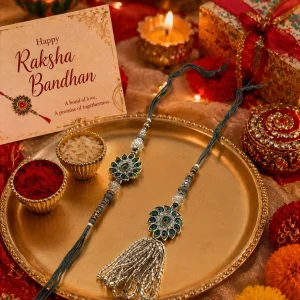 traditional peacock rakhi lumba set with pearl beads and tassels