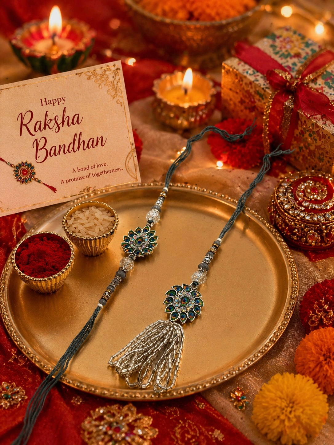 traditional peacock rakhi lumba set with pearl beads and tassels