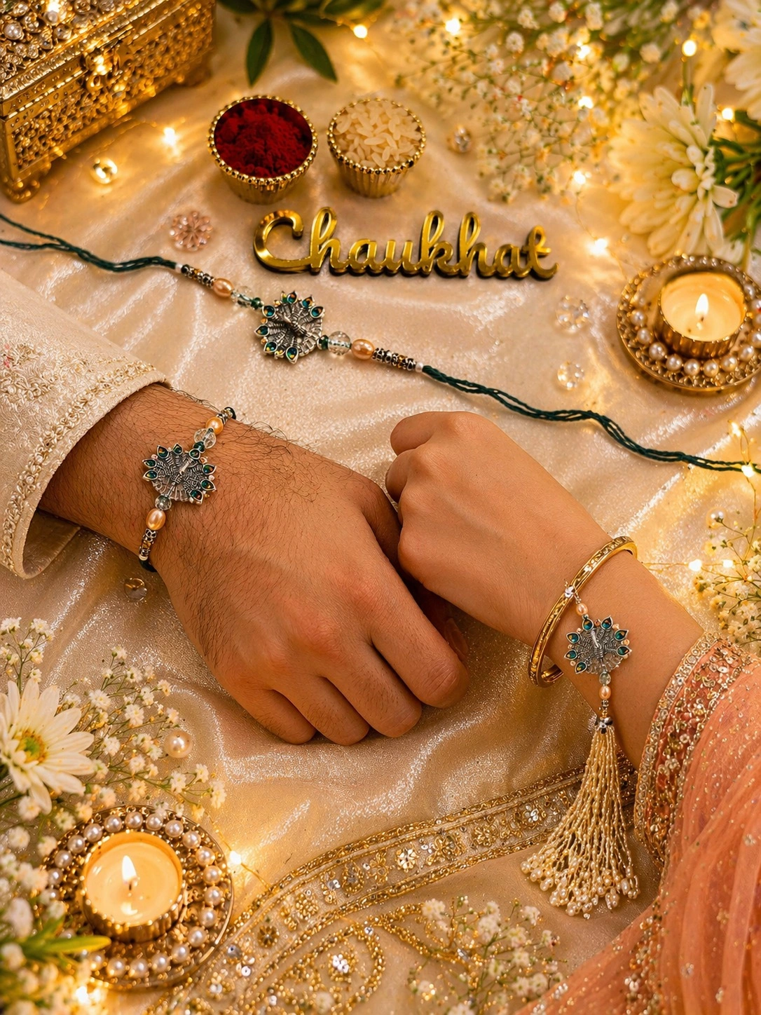 Traditional peacock rakhi and bhabhi lumba set with elegant tassel