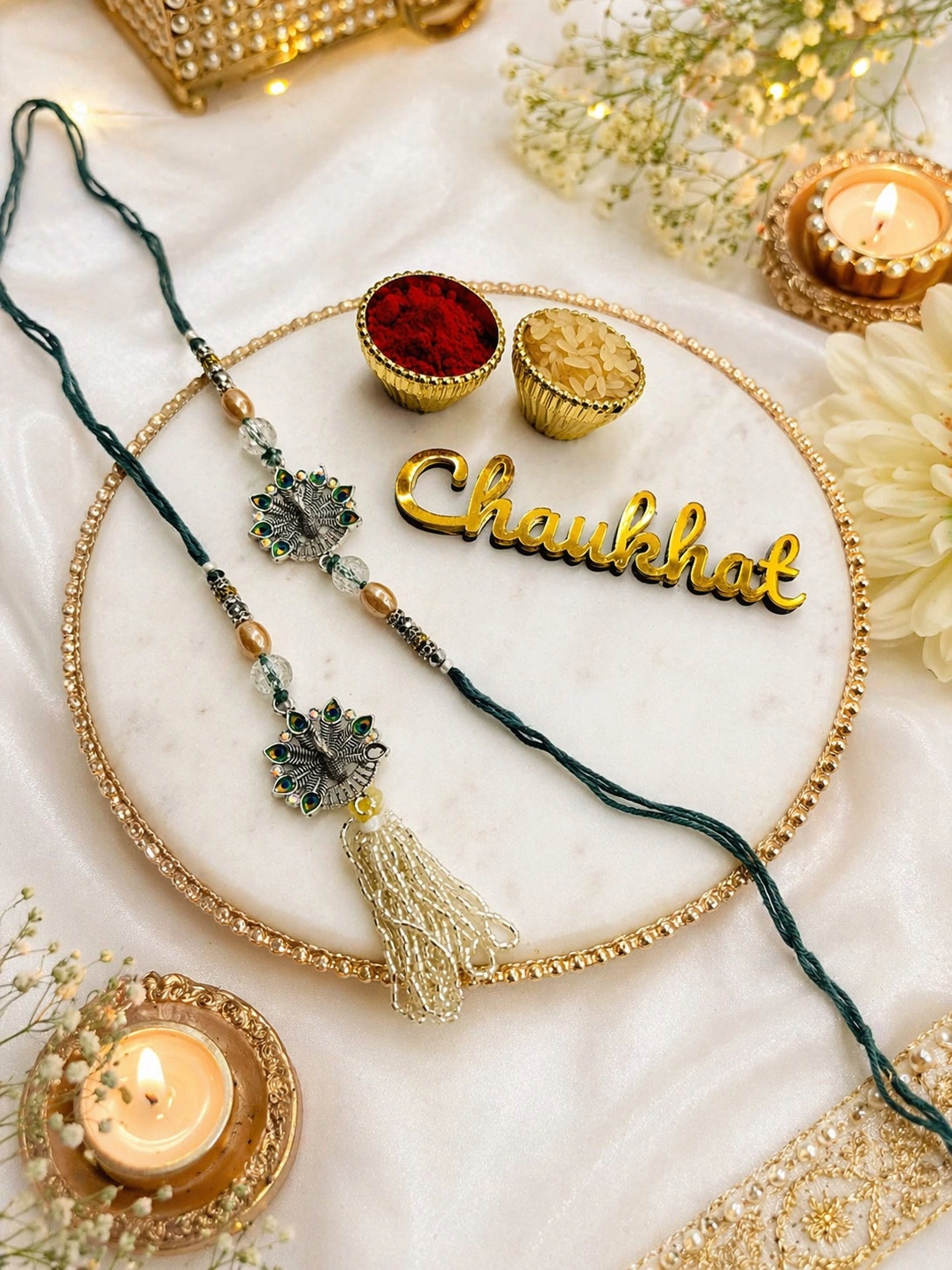 Royal peacock rakhi and lumba combo with tassel for bhai bhabhi