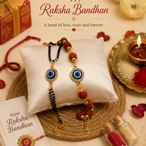 Traditional Evil Eye Rakhi Set for Bhaiya Bhabhi with Luxury Designer Beads for Raksha Bandhan