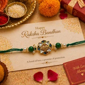 Royal gold designer rakhi with green beads for raksha bandhan gift