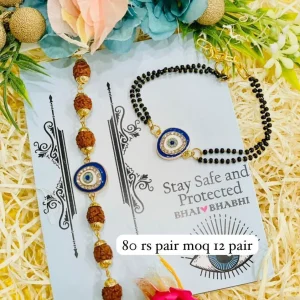 Bhai Bhabhi Evil Eye Rakhi Set with Rudraksha Rakhi and Matching Bracelet for Raksha Bandhan