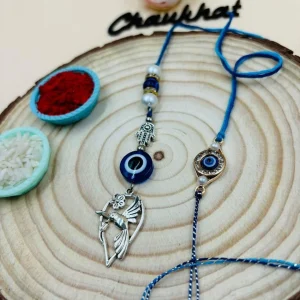 Designer Evil Eye Rakhi Combo Set for Bhai Bhabhi with Decorative Bird Charm and Premium Beads