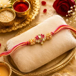 Luxury floral lotus stone rakhi for men with multicolor decorative thread for Raksha Bandhan celebration