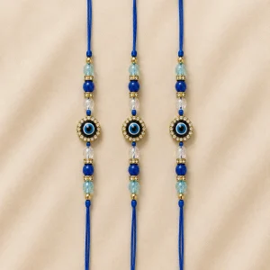 Stylish blue beaded evil eye rakhi set for brothers with designer handmade bracelet style for Raksha Bandhan