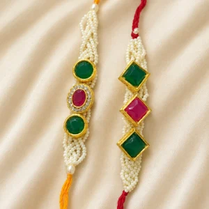 Premium Kundan Pearl Rakhi Set with Green and Pink Stones for Raksha Bandhan