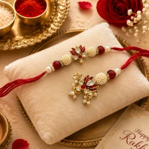 Premium Lotus Kundan Rakhi Set for Brother and Bhabhi with Pearl Designer Traditional Rakhi Combo