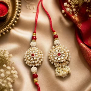Pearl Bhai Bhabhi Rakhi Set with Designer Kundan Lumba Rakhi Pair and Stone Work for Raksha Bandhan