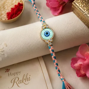 Premium Evil Eye Rakhi for Brother with American Diamond Stones Handmade Raksha Bandhan Thread