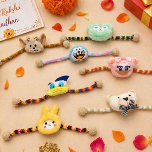 Kids cartoon rakhi set with teddy bunny duck soft toy handmade fancy rakhi combo for boys and girls