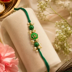 Handmade Om Designer Rakhi with Green Pearl Beads for Brother on Raksha Bandhan