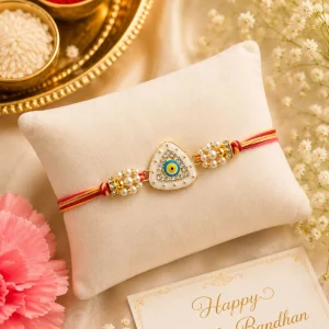 Blue Evil Eye Rakhi with elegant pearl work for brother on Raksha Bandhan festival