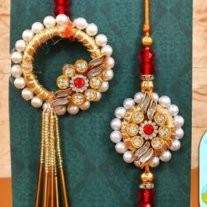Designer Bhaiya Bhabhi Rakhi Set with Pearl Lumba and Stone Work for Raksha Bandhan Celebration