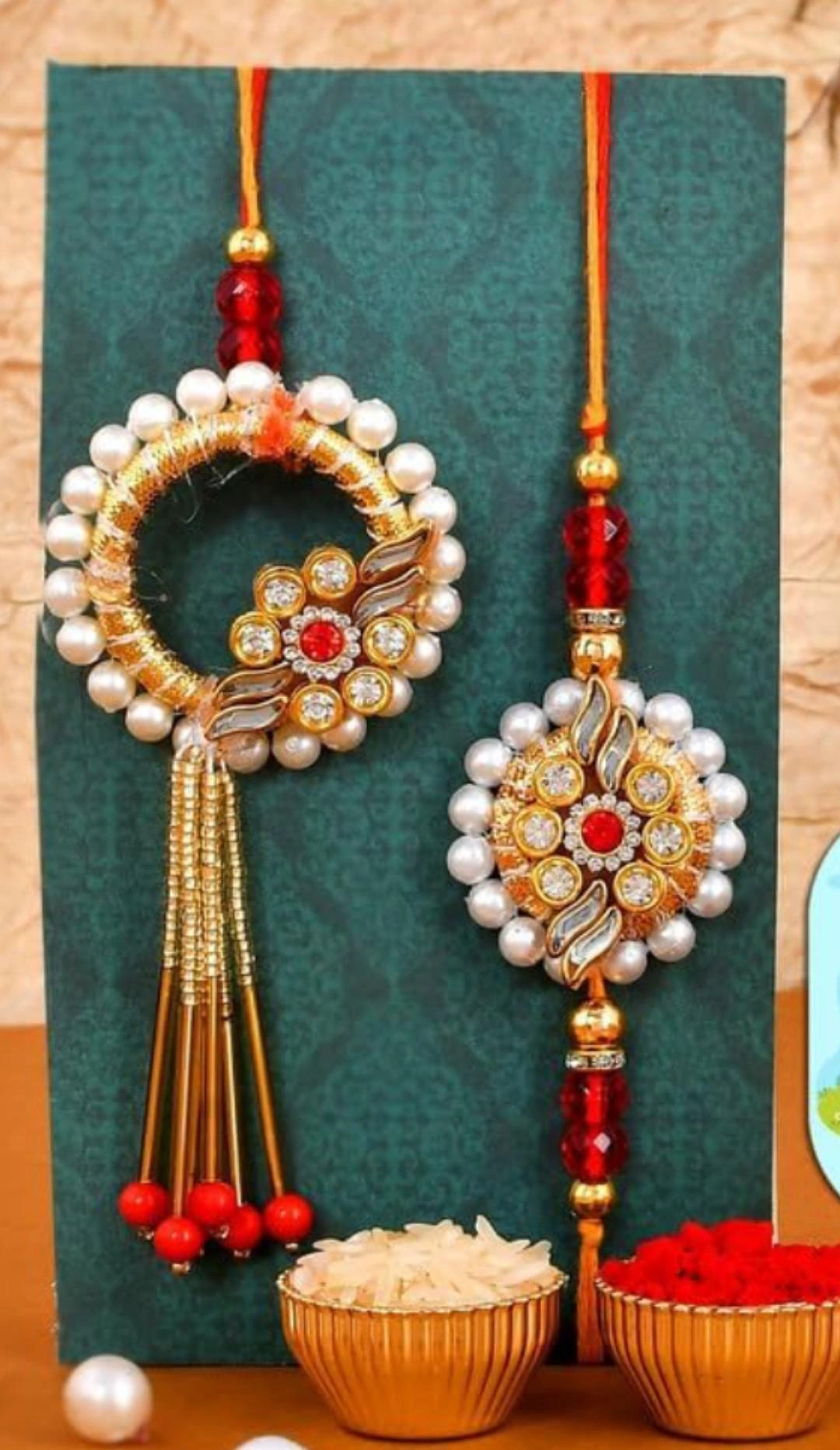 Designer Bhaiya Bhabhi Rakhi Set with Pearl Lumba and Stone Work for Raksha Bandhan Celebration