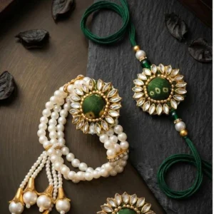 Green Bracelet Rakhi with Ring Set for Brother | Designer Raksha Bandhan Gift Combo ( Set