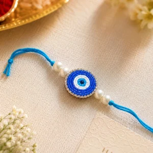 Blue Evil Eye Rakhi with Pearl Beads Handmade Raksha Bandhan Rakhi for Brother