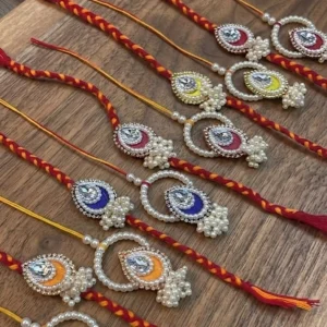 Designer Pearl and Kundan Lumba Rakhi for Bhabhi Handmade Raksha Bandhan Rakhi with Premium Pearl Beads