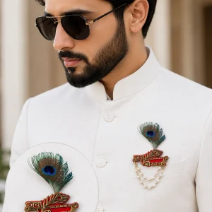 Jai Shri Shyam Brooch with Peacock Feather for Sherwani Groom Wedding Safa Pagdi Religious Accessory