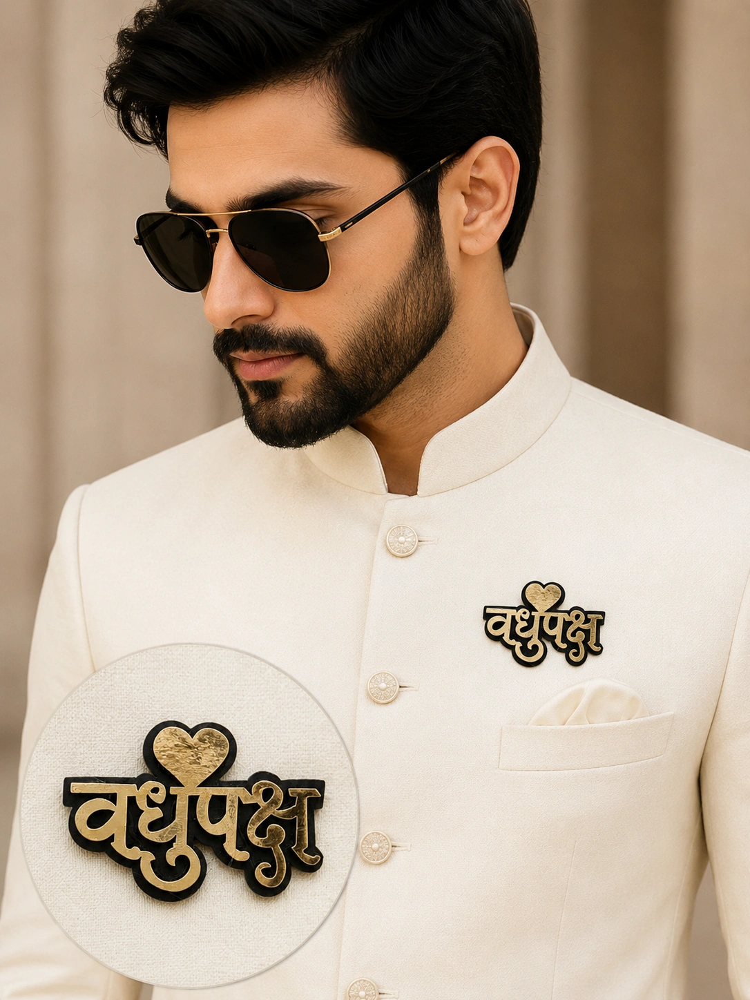 Vadhupaksh wedding brooch for sherwani bride side guest identification badge for Indian wedding functions
