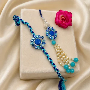 Blue Evil Eye Rakhi Lumba Set for Bhai Bhabhi Handmade Designer Rakhi with Pearl Tassel for Raksha Bandhan