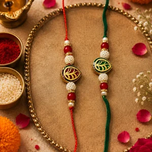 Elegant Leaf Motif Rakhi with Premium Designer Raksha Bandhan Thread