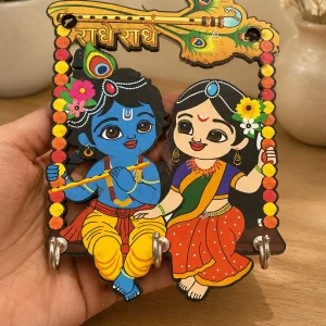 Radhe Krishna Wooden Key Holder 5 x 3 Inch MDF Wall Mounted Decorative Key Organizer for Home Entrance