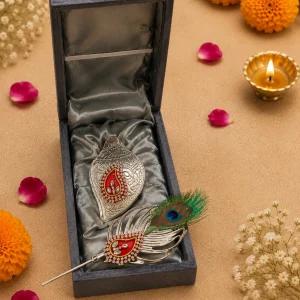 German Silver Haldi Kumkum Box with Tilak Stick in Premium Velvet Gift Box for Pooja and Wedding Return Gifts