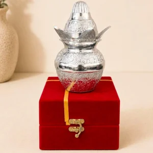 4 Inch German Silver Kalash with Premium Velvet Gift Box for Pooja, Housewarming and Wedding Gifting