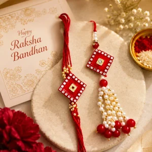 Royal Red Square Rakhi and Lumba Set for Bhaiya Bhabhi with decorative red beads and designer festive craftsmanship