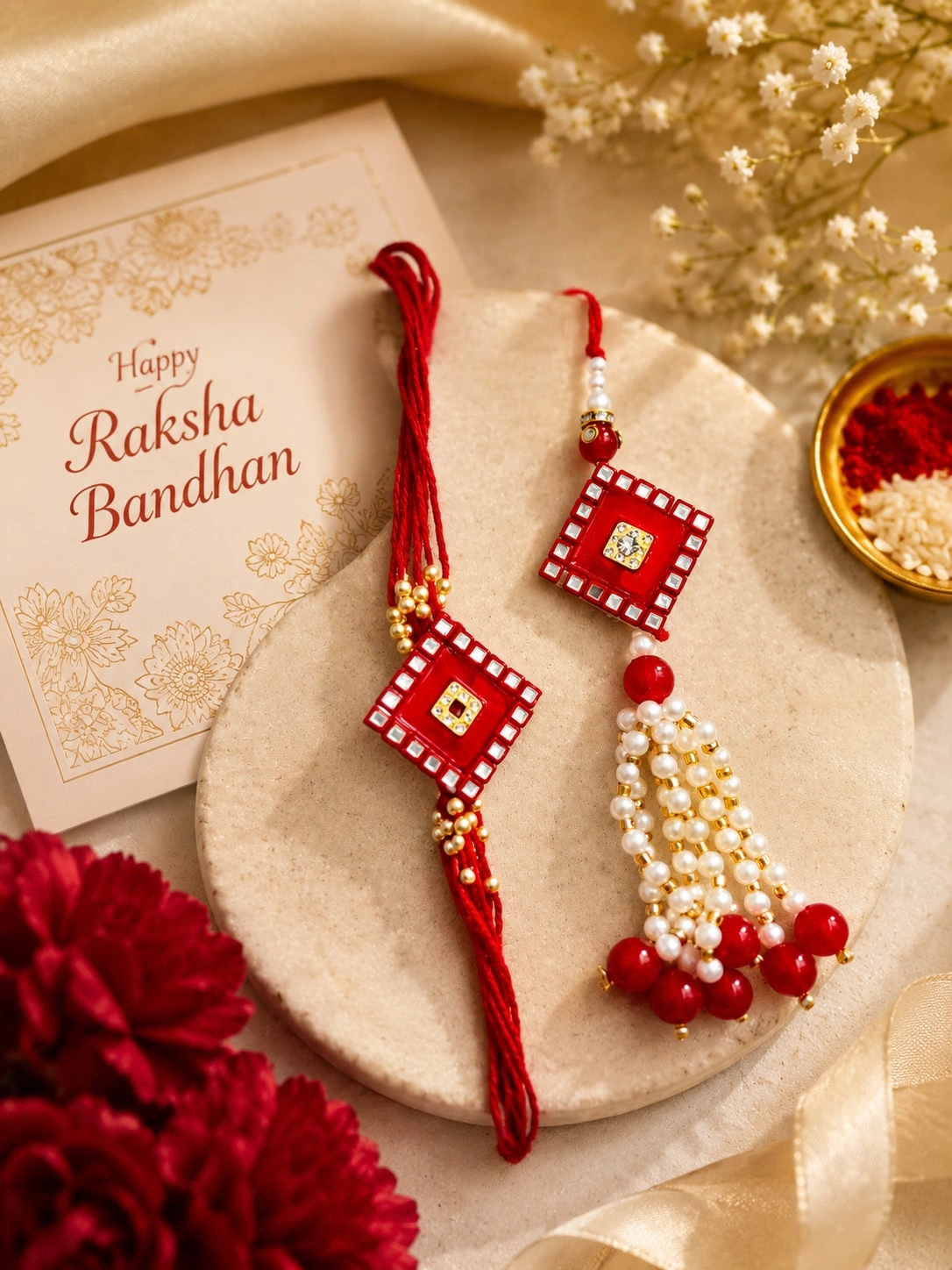 Royal Red Square Rakhi and Lumba Set for Bhaiya Bhabhi with decorative red beads and designer festive craftsmanship