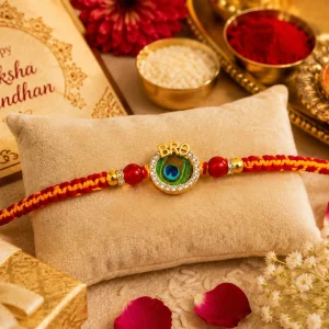 Designer BRO Rakhi with Peacock Feather Charm for Brother Raksha Bandhan Gift