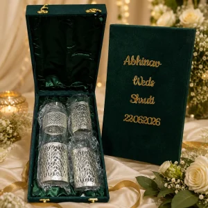 Personalized glass bottle gift set with premium velvet box for wedding return gifts and special occasions