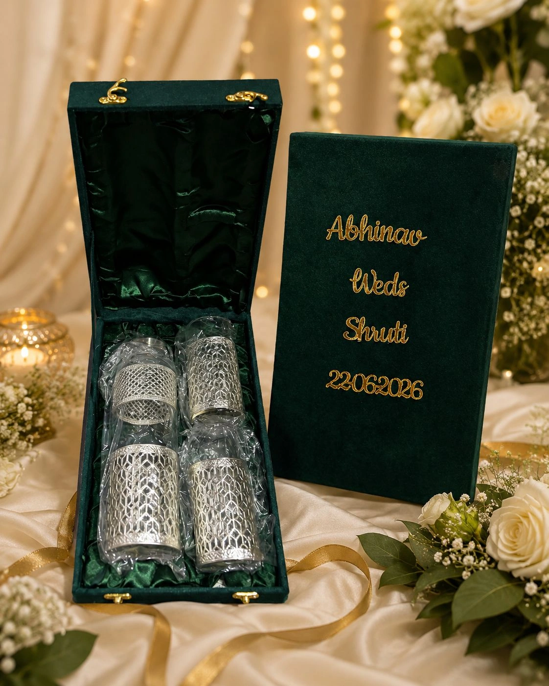 Personalized glass bottle gift set with premium velvet box for wedding return gifts and special occasions